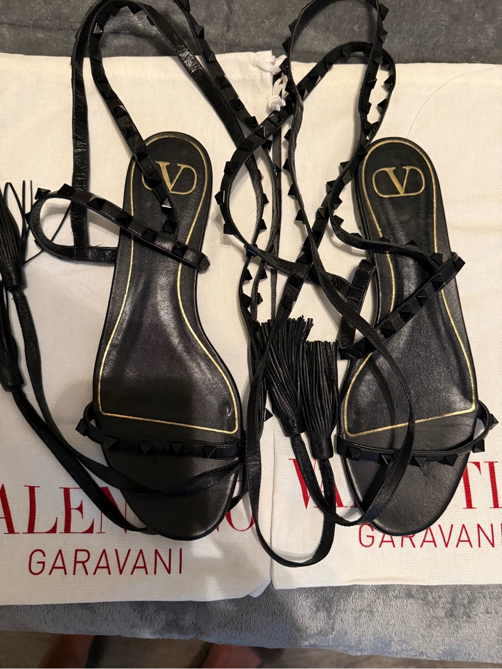 Valentino Garavani Black Rockstud Wrap Tassel Sandals